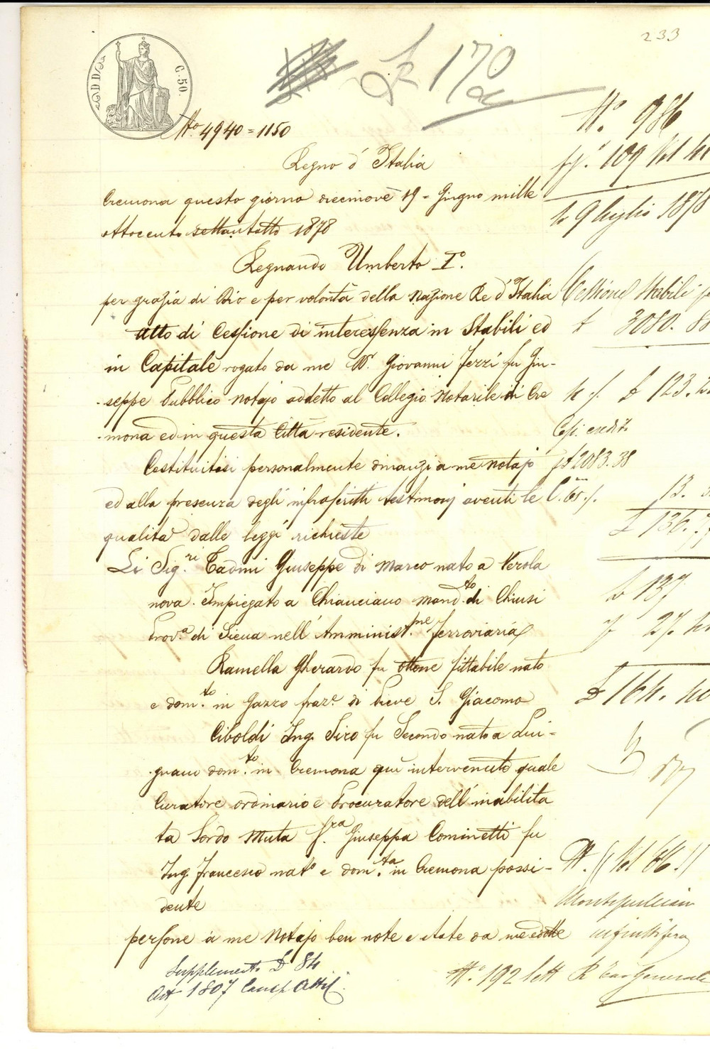 1878 PIEVE SAN GIACOMO Giuseppe TADINI cede a Gherardo RAMELLA quota terreni