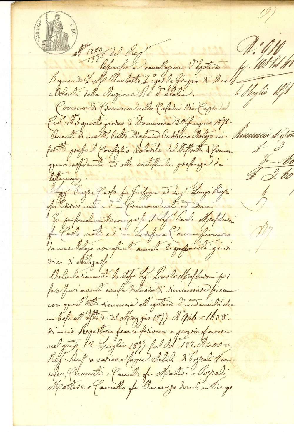 Documento originale, autentico 1878 SORESINA Paolo MASCHERONI rinuncia a garanzia a carico famiglia POZZALI 1