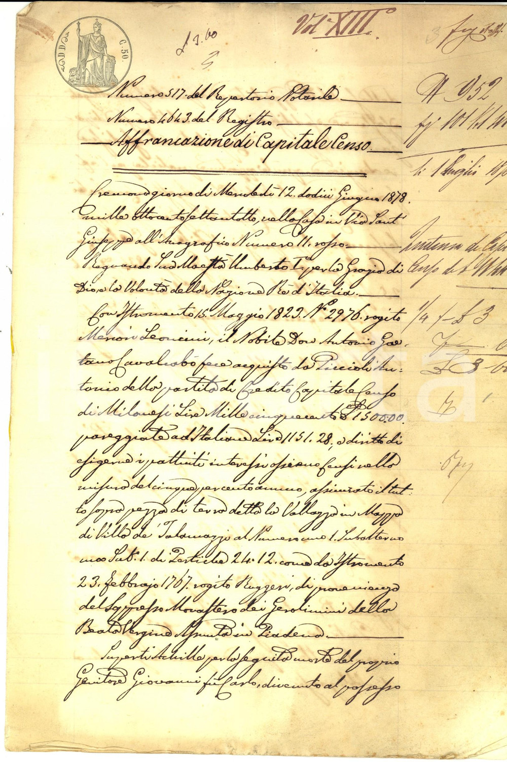 Documento originale, autentico 1878 VILLA TALAMAZZI Affrancazione censo Achille SUPERTI pro Antonio CAVALCABO 1