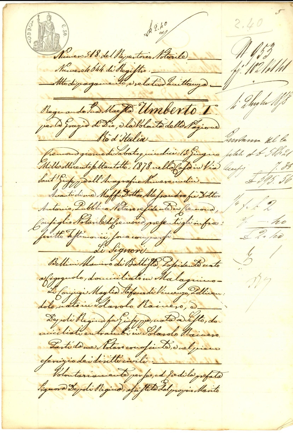 Documento originale, autentico 1878 SOLAROLO RAINERIO CR Quietanza di Regina DEPOLI ad Alamiro BELLINI 1