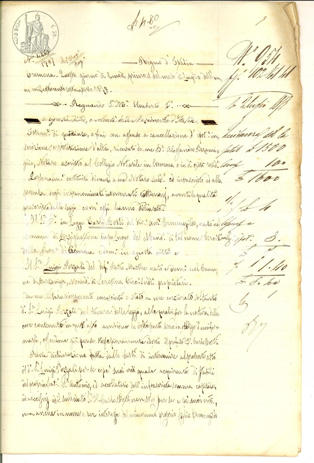 Documento originale, autentico 1878 SORESINA Quietanza Carlo BOTTI a Luigi POZZALI vendita stabili del figlio 1