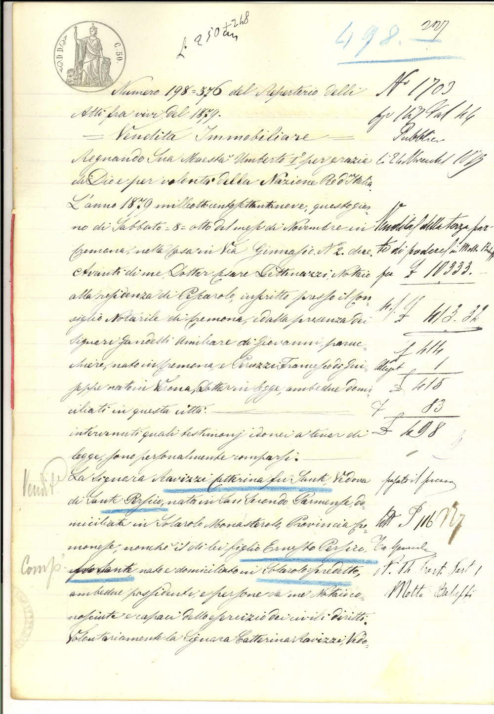 Documento originale, autentico 1879 MOTTA BALUFFI Caterina RAVIZZI vende parte podere al figlio Ernesto PERSICO 1