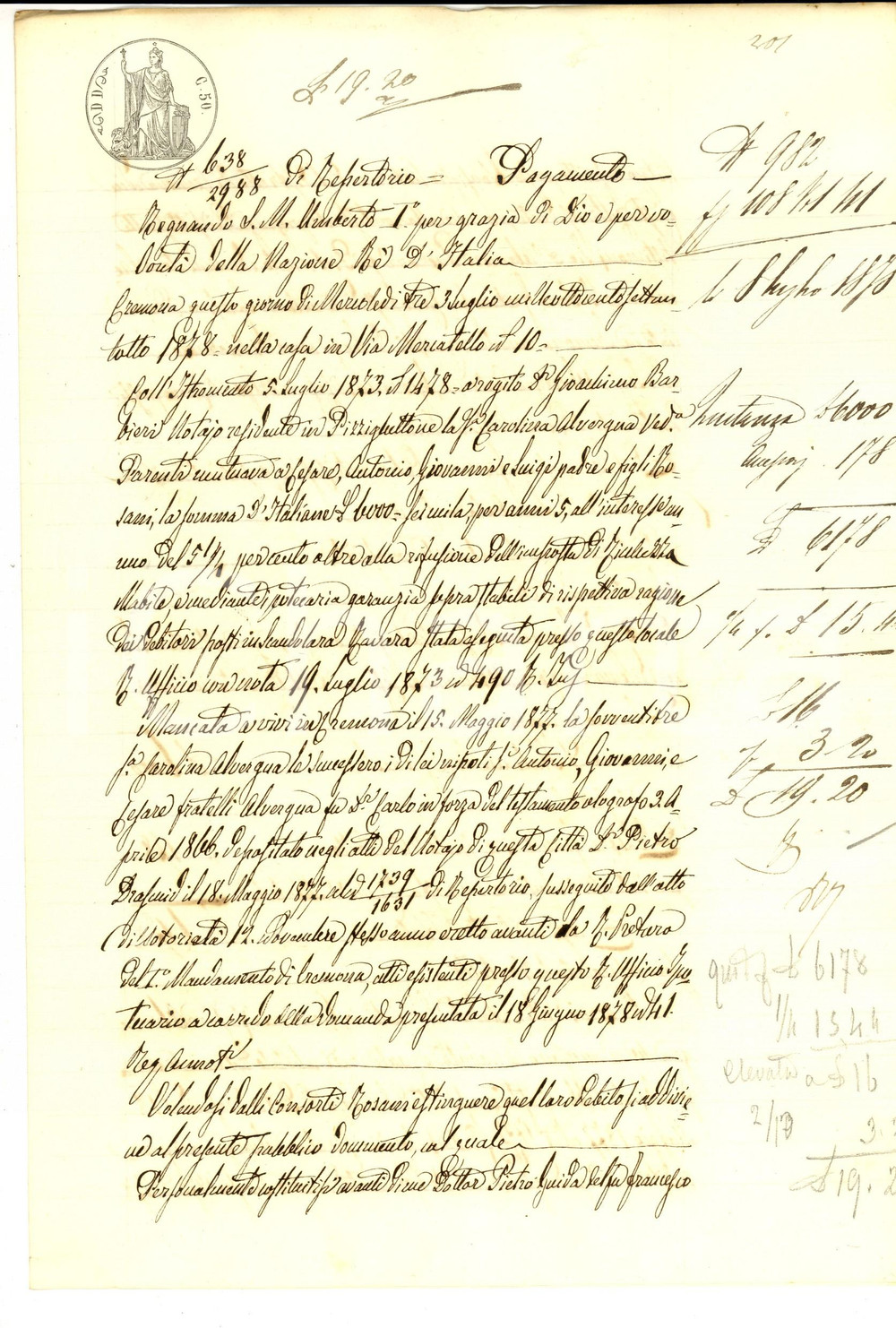 Documento originale, autentico 1878 SCANDOLARA RAVARA Quietanza della famiglia ALVERGNA a Giovanni TOFANI 1