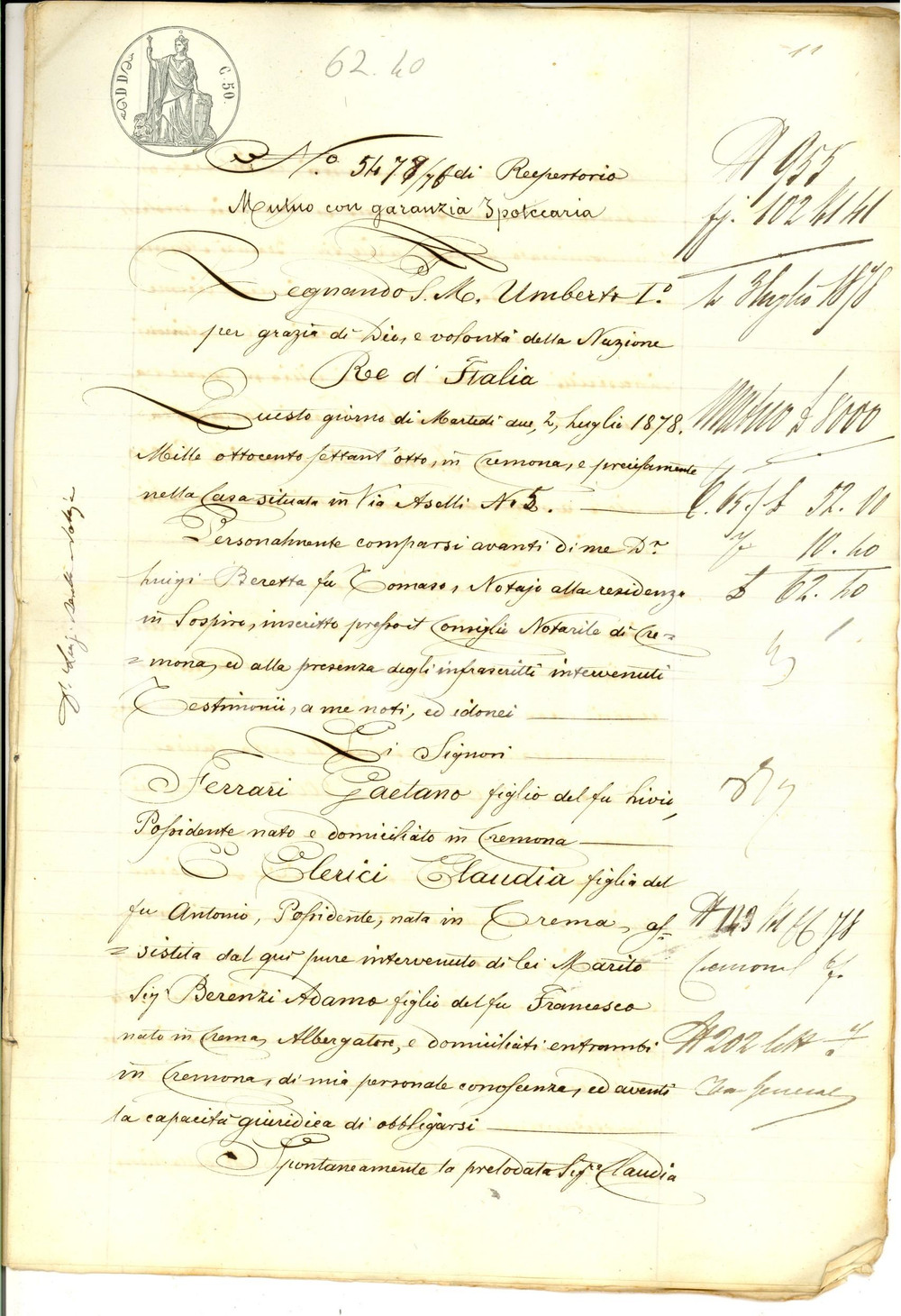 Documento originale, autentico 1878 CREMONA Contratto mutuo con garanzia tra Claudia CLERICI e Gaetano FERRARI 1