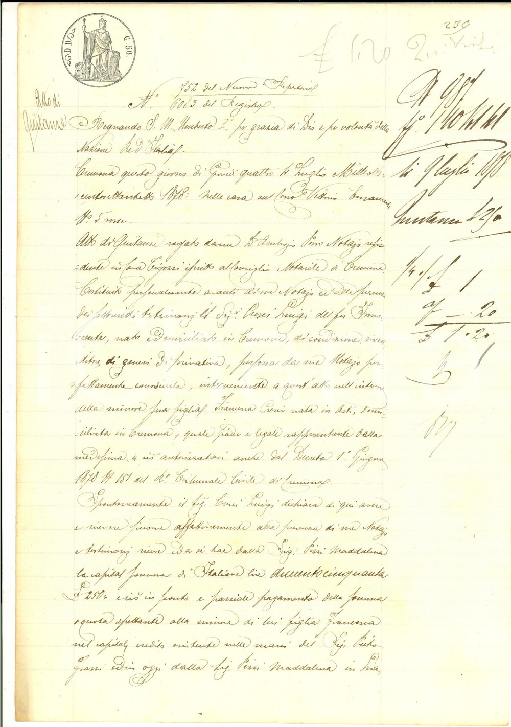 Documento originale, autentico 1878 CREMONA Quietanza Luigi CRESCI a Maddalena PIZZI Manoscritto 1