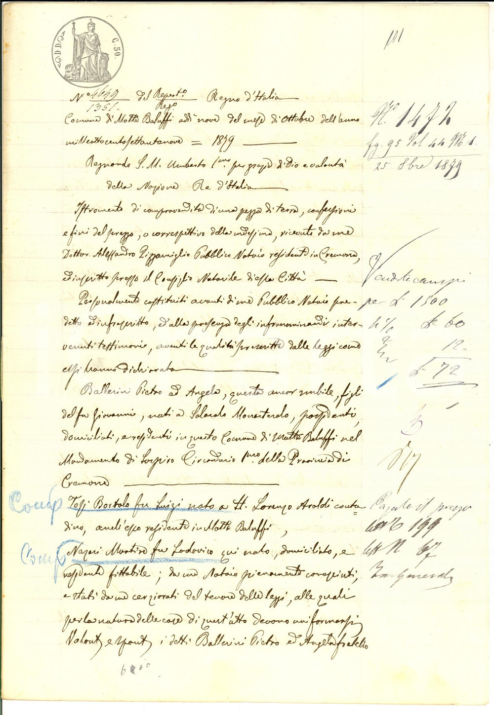 Documento originale, autentico 1879 SOLAROLO MONASTEROLO Pietro e Angela BALLERINI vendono campo BASSETTO 1