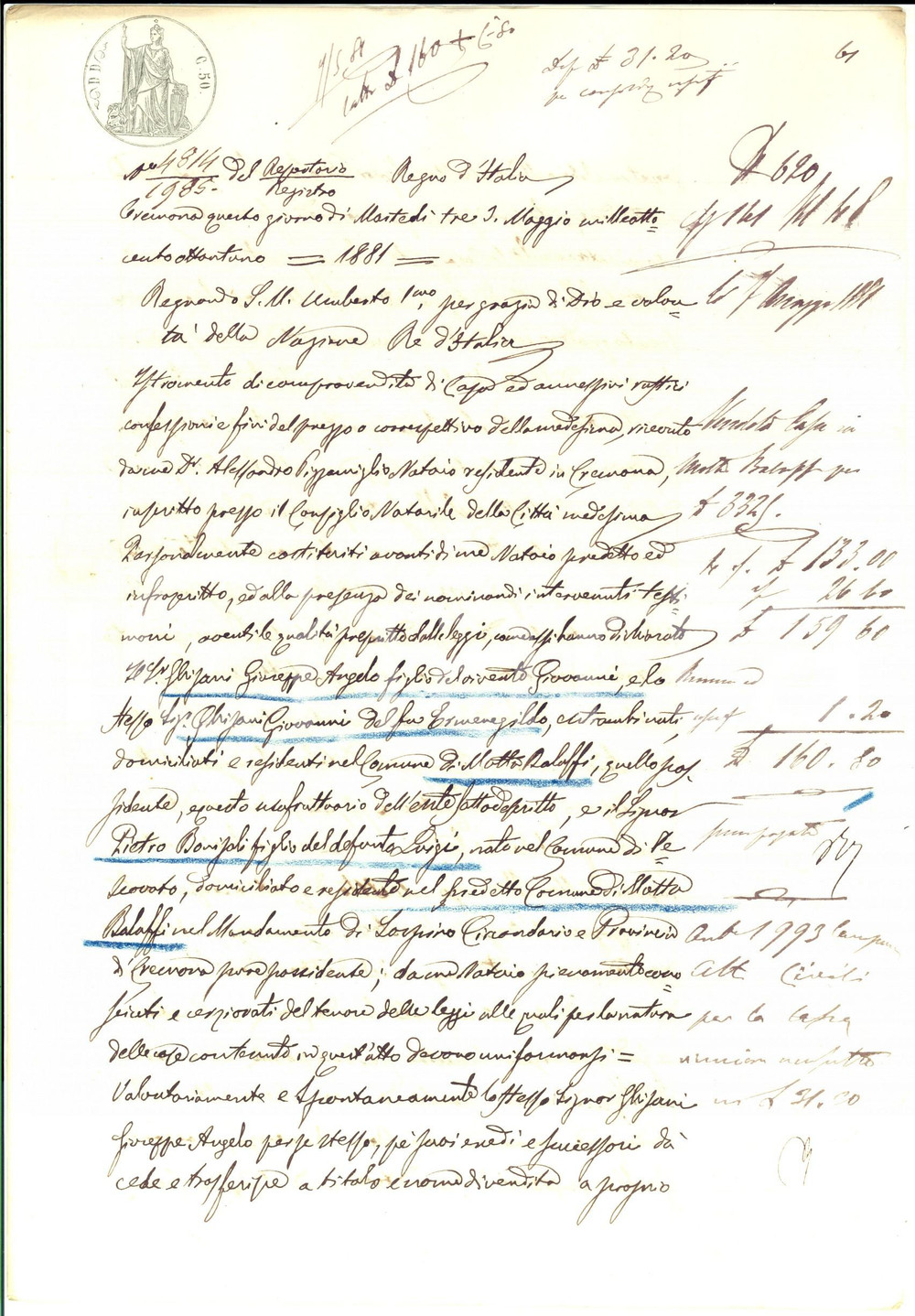 Documento originale, autentico 1881 MOTTA BALUFFI Giuseppe Angelo GHISANI vende casa a Pietro BONISOLI 1