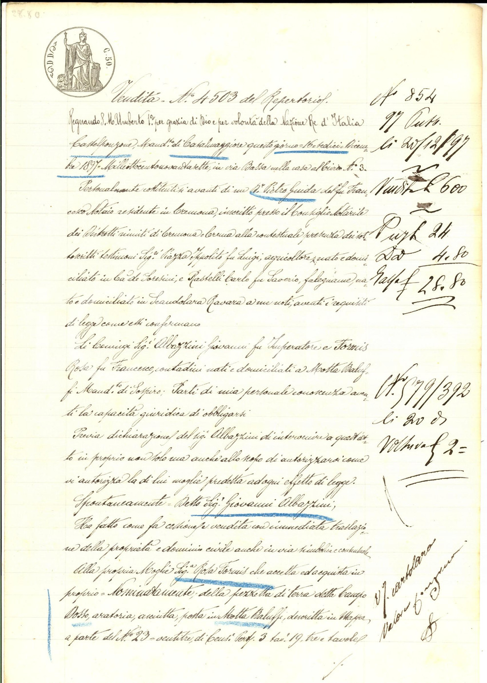 Documento originale, autentico 1897 MOTTA BALUFFI Giovanni ALBAZZINI cede terra alla moglie Rosa FORMIS 1
