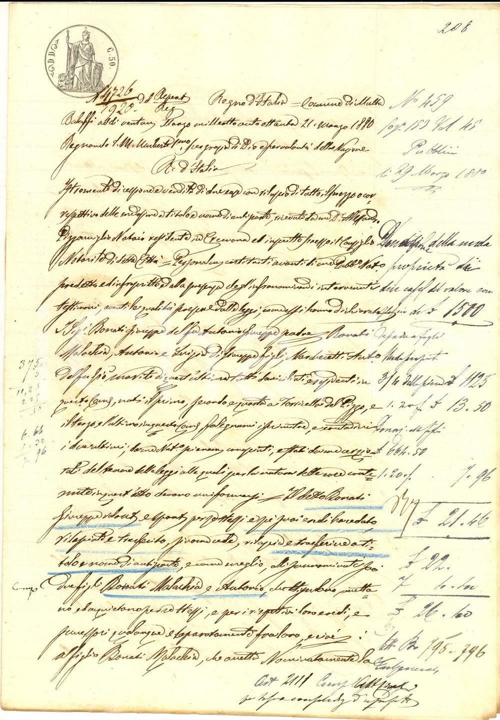 Documento originale, autentico 1880 MOTTA BALUFFI Giuseppe BONATI dona casa ai figli Antonio e Malachia 1