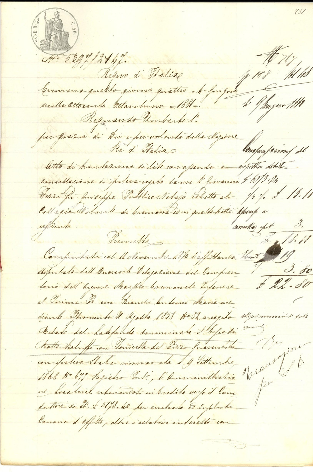 Documento originale, autentico 1880 MOTTA BALUFFI Chiusura lite per bosco fittavoli Pietro e Giovanni BIANCHI 1