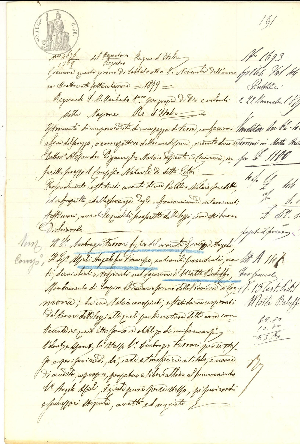 Documento originale, autentico 1881 MOTTA BALUFFI Ambrogio FERRARI vende campo ad Angelo ASIOLI Manoscritto 1