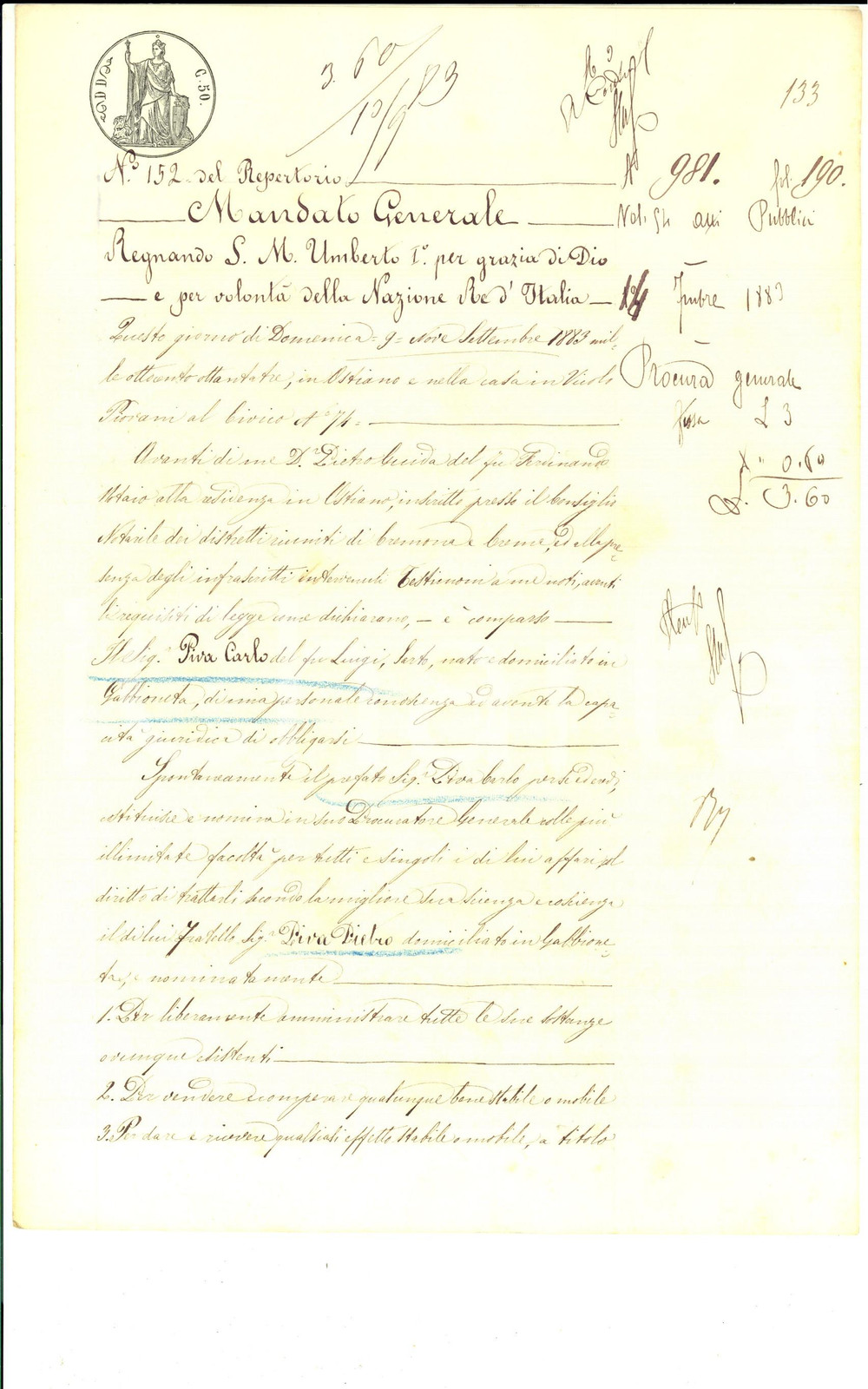 1883 GABBIONETA Mandato generale di Carlo PIVA al fratello Pietro *Manoscritto