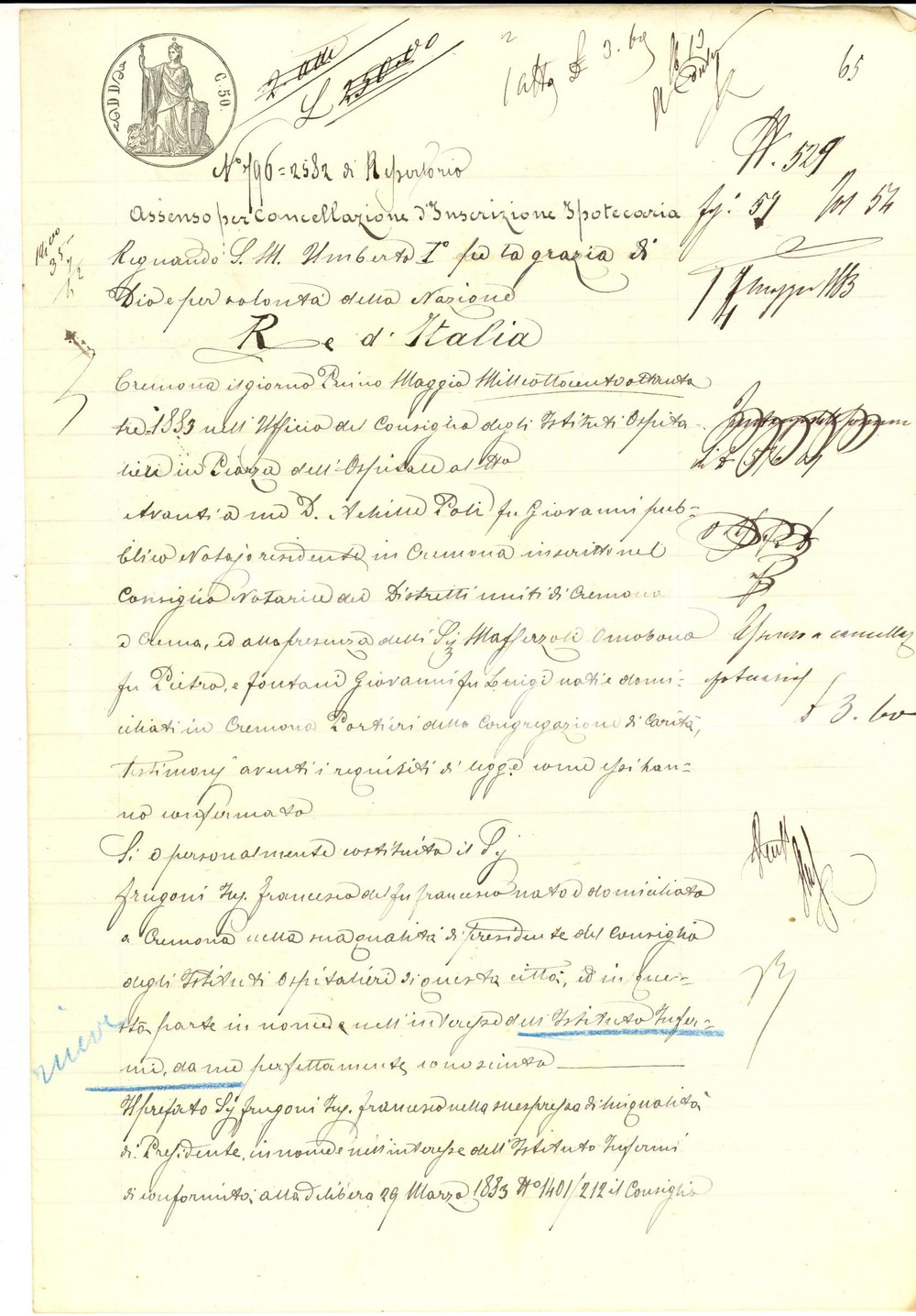 Documento originale, autentico 1883 CREMONA Quietanza Istituto Infermi al fittavolo Andrea LEGORI Manoscritto 1