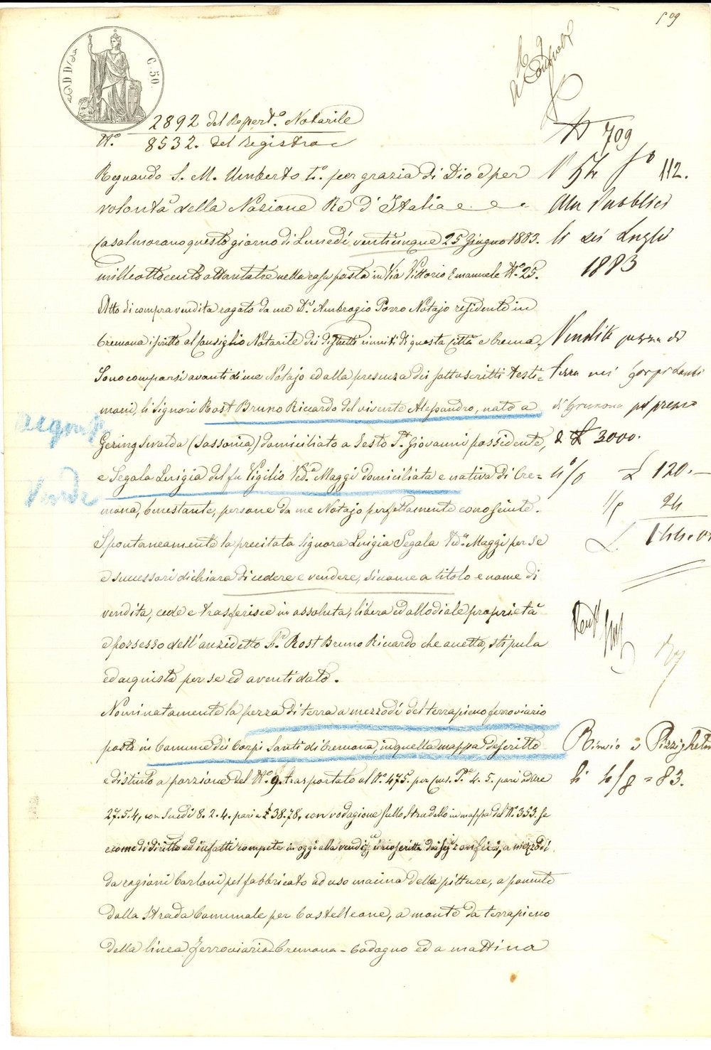 Documento originale, autentico 1883 CREMONA CORPI SANTI Luigia SEGALA vende terra a Bruno Riccardo ROST 1