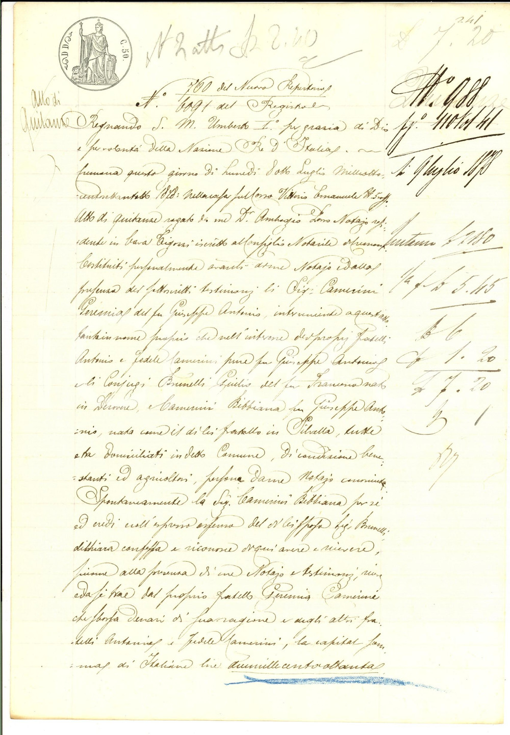Documento originale, autentico 1878 CREMONA Quietanza di Bibbiana CAMERINI al fratello Geremia Manoscritto 1