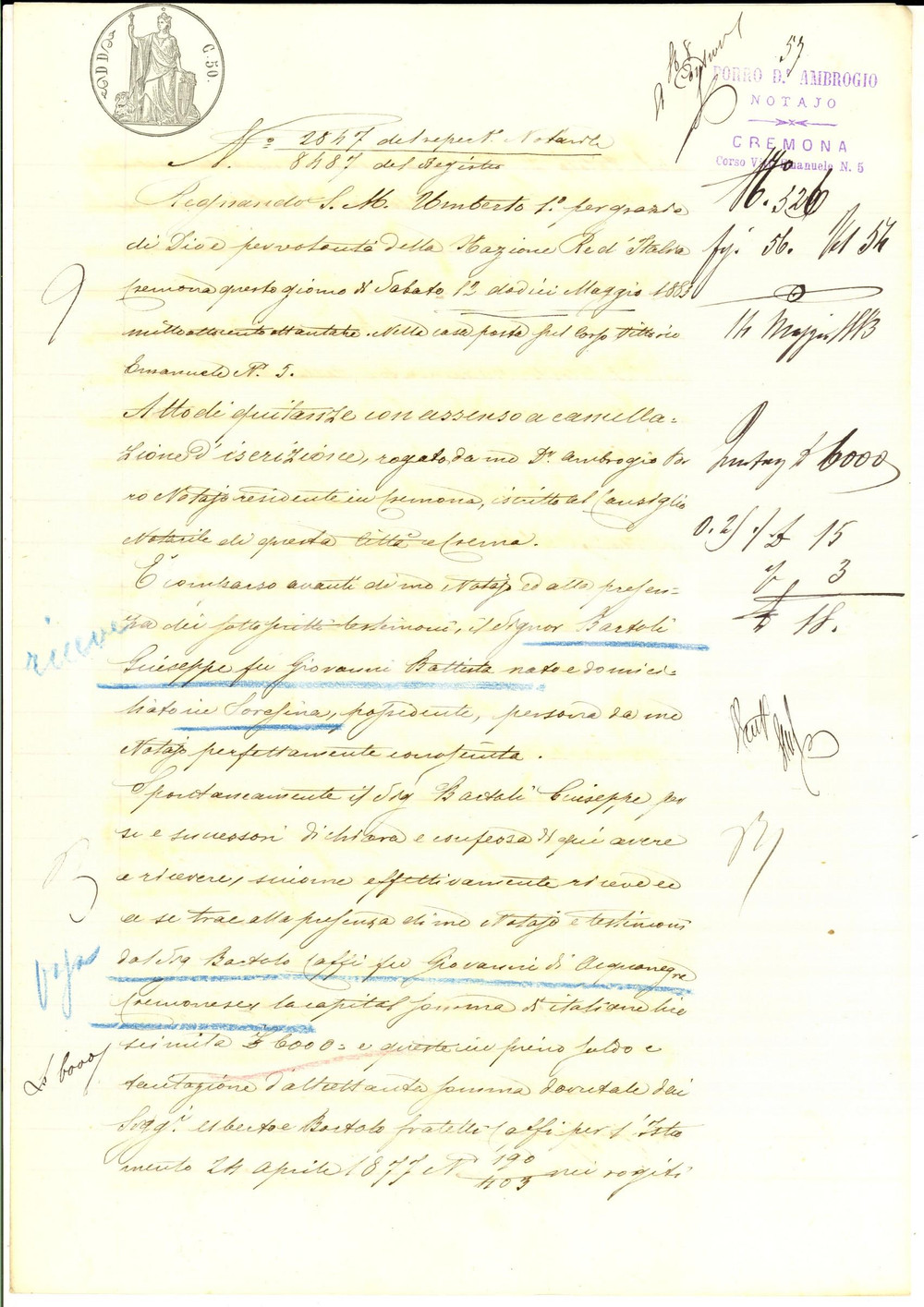 Documento originale, autentico 1883 SORESINA Quietanza Giuseppe BARTOLI a Bartolo CAFFI Manoscritto 1