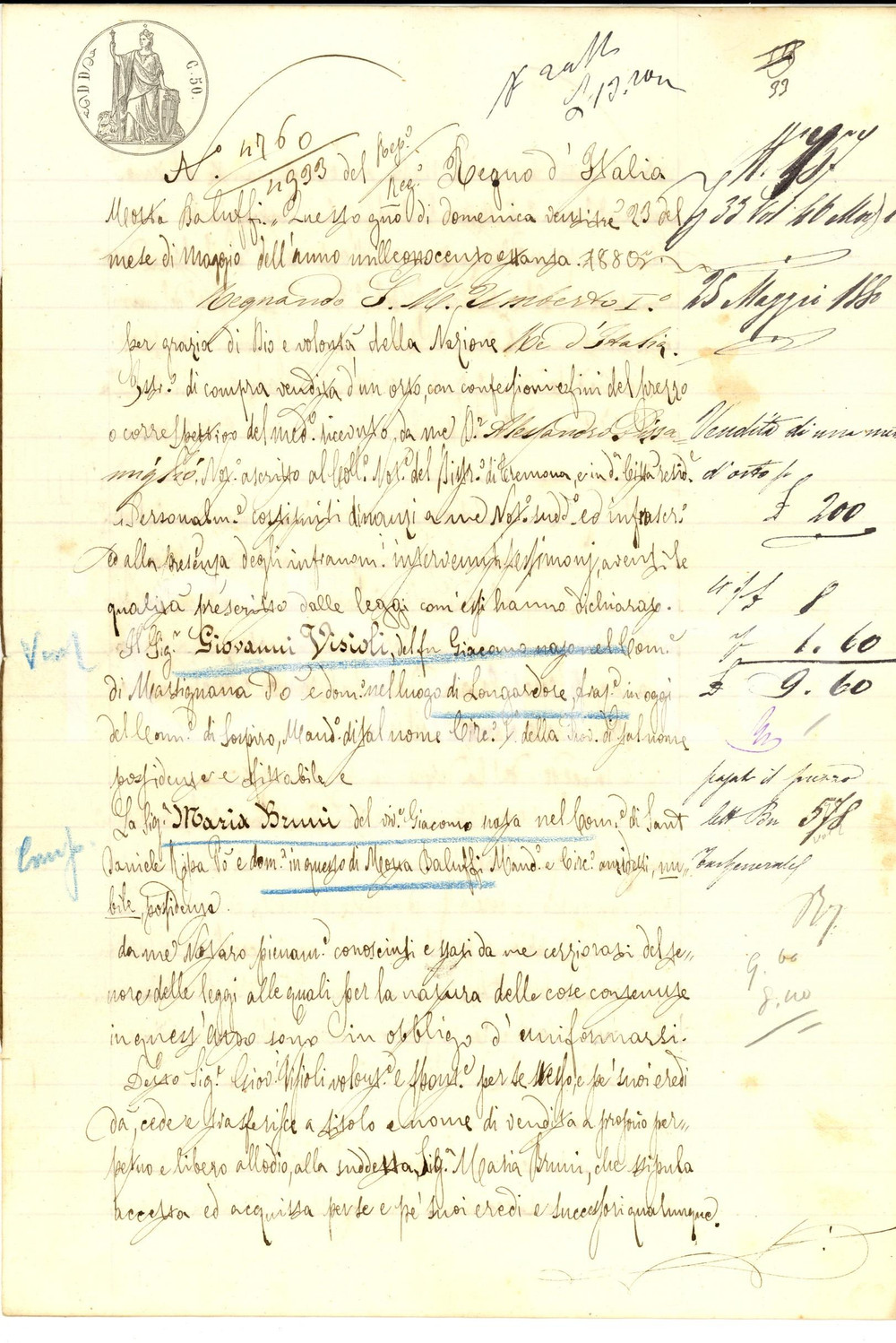 Documento originale, autentico 1880 MOTTA BALUFFI CR Giovanni VISIOLI vende metÃ  orto a Maria BRUNI 1