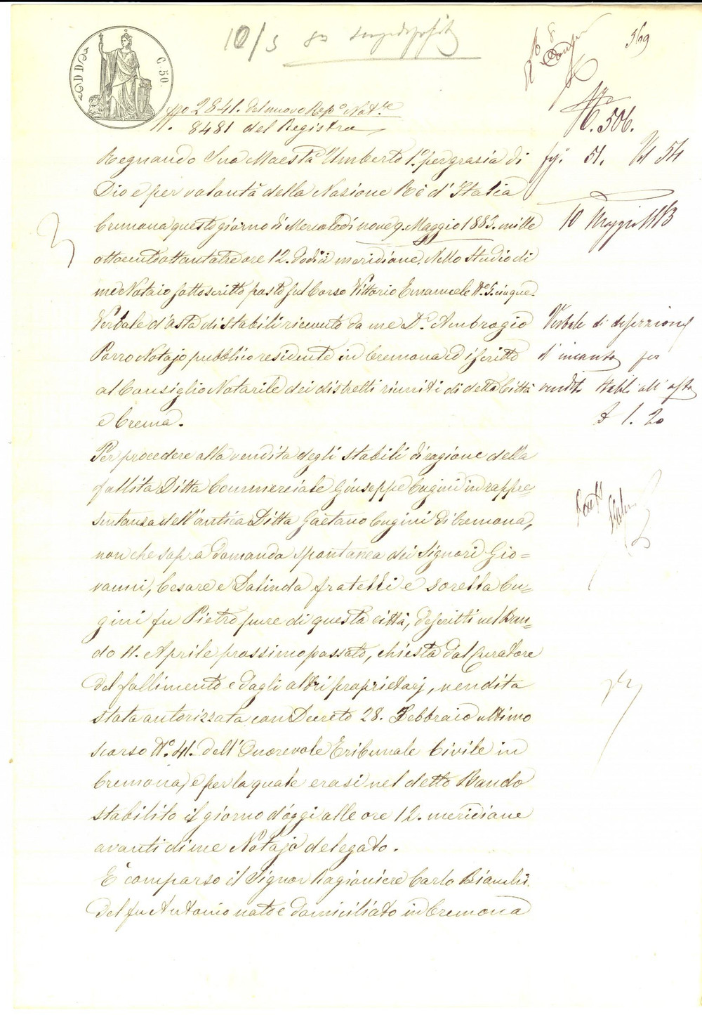 Documento originale, autentico 1883 CREMONA Verbale deserzione asta beni ditta Giuseppe CUGINI fallita 1
