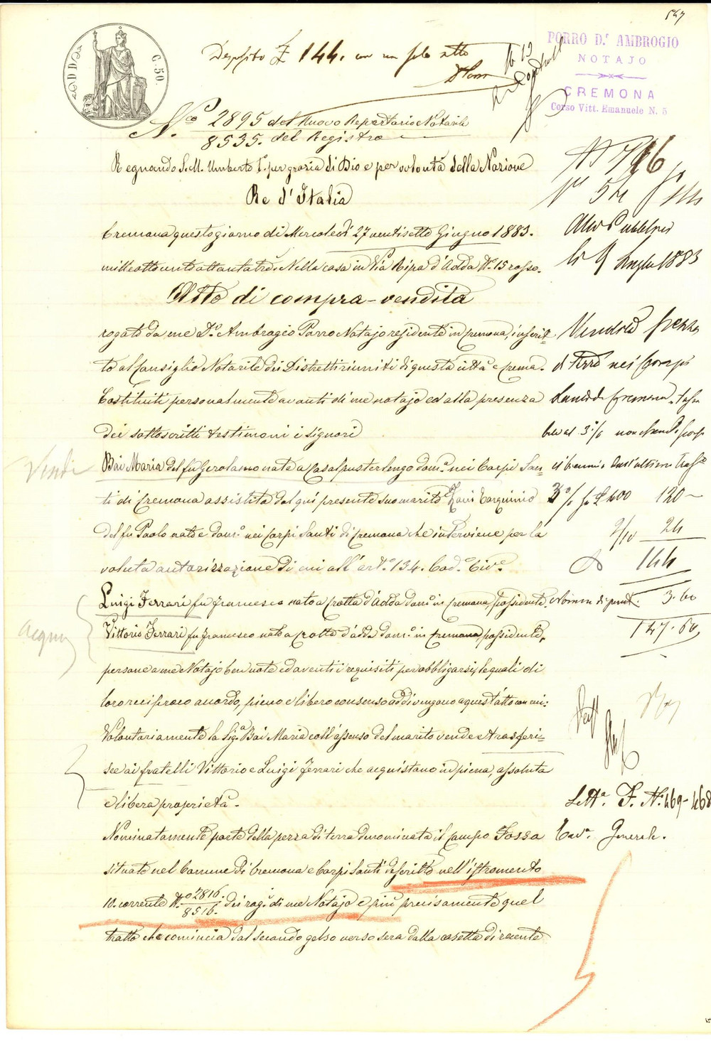 Documento originale, autentico 1883 CREMONA Maria BAI vende campo FOSSA ai fratelli Vittorio e Luigi FERRARI 1