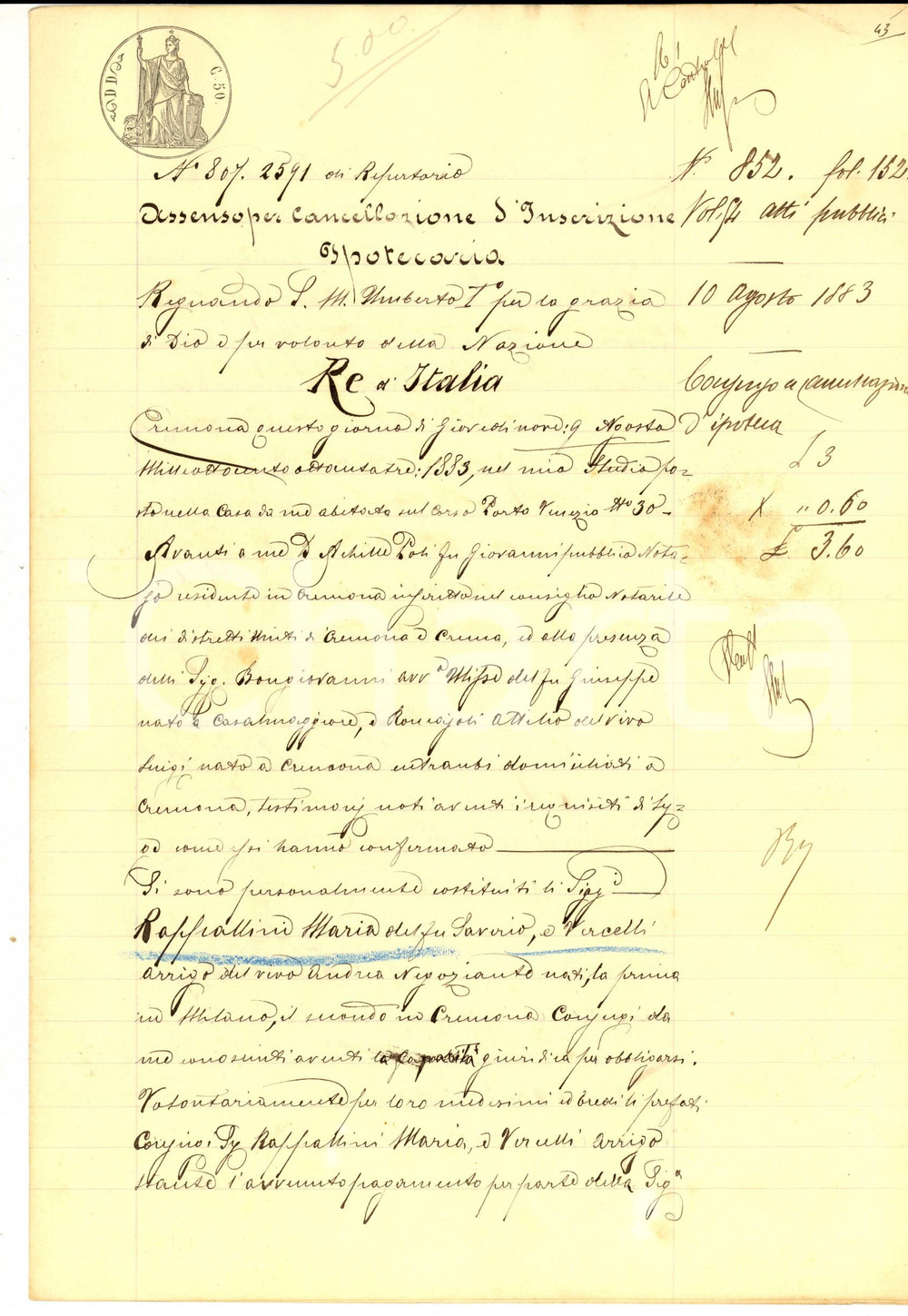 Documento originale, autentico 1883 CREMONA Quietanza Maria RAPPALLINI e Arrigo VERCELLI a Teresa CASTELLI 1
