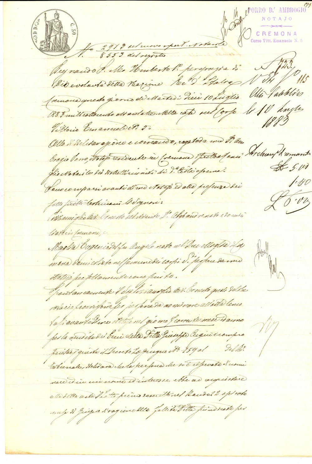 Documento originale, autentico 1883 CREMONA Acquisto all asta avv. Ernesto PIZZAMIGLIO pro Eurgenio MAGLIA 1
