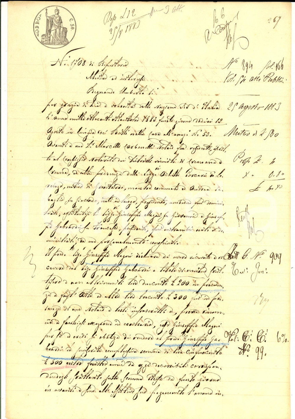 Documento originale, autentico 1883 CREMONA Contratto di mutuo tra Giuseppe MAGNI e Giuseppe GABOARDI 1
