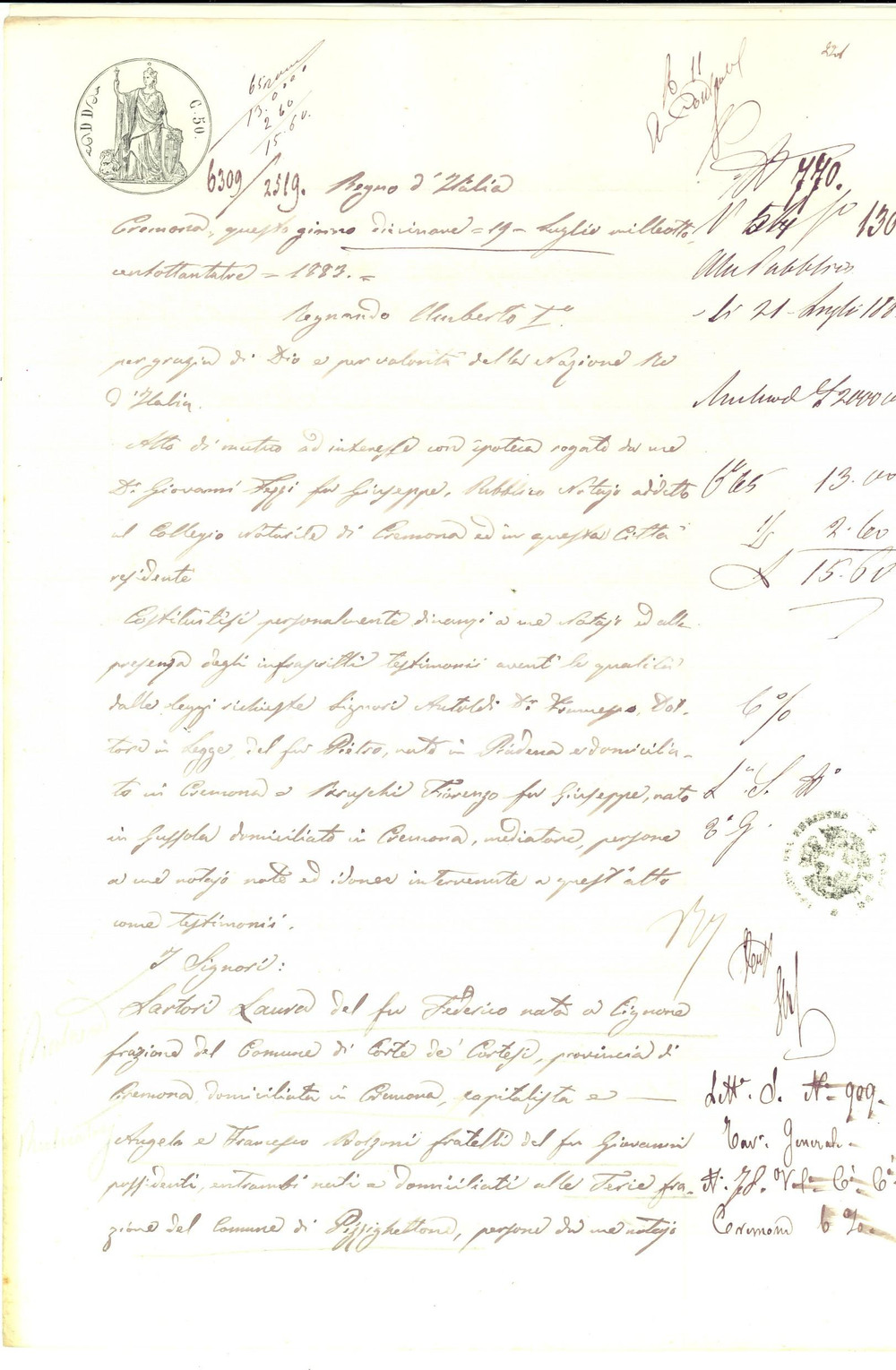 Documento originale, autentico 1883 CREMONA Contratto mutuo tra Laura SARTORI ed Angelo e Francesco BOLZONI 1