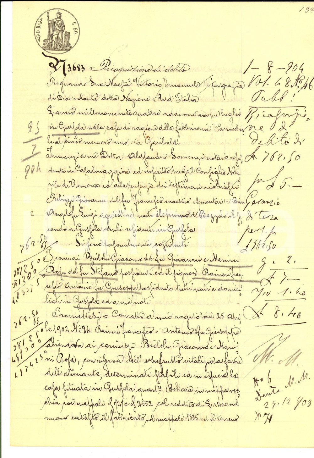Documento originale, autentico 1904 GUSSOLA CR Ricognizione debito Giacomo BIOLCHI e Rosa MARINI Manoscritto 1