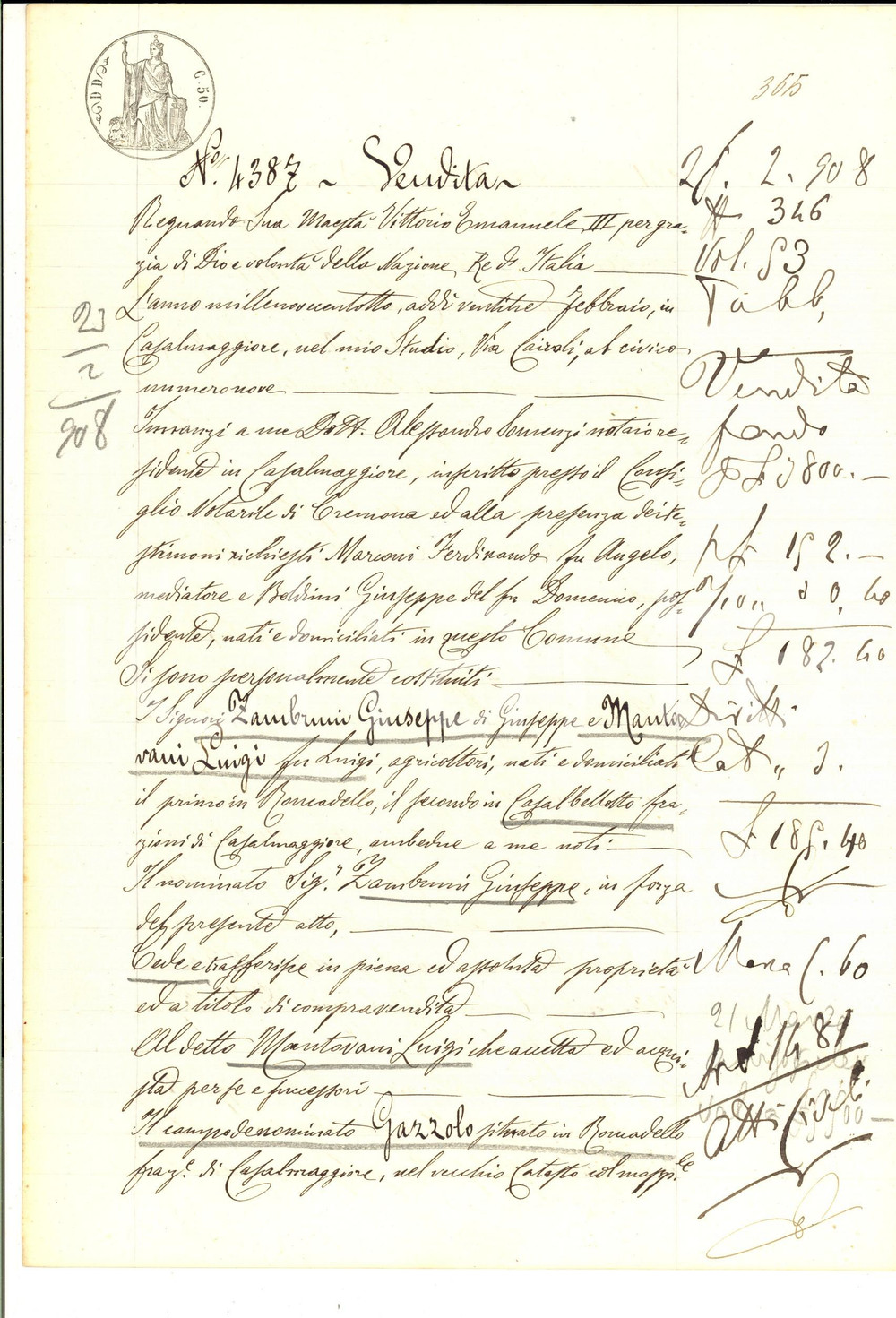 Documento originale, autentico 1904 RONCADELLO CR Giuseppe ZAMBRUNI  vende campo GAZZOLO a Luigi MANTOVANI 1