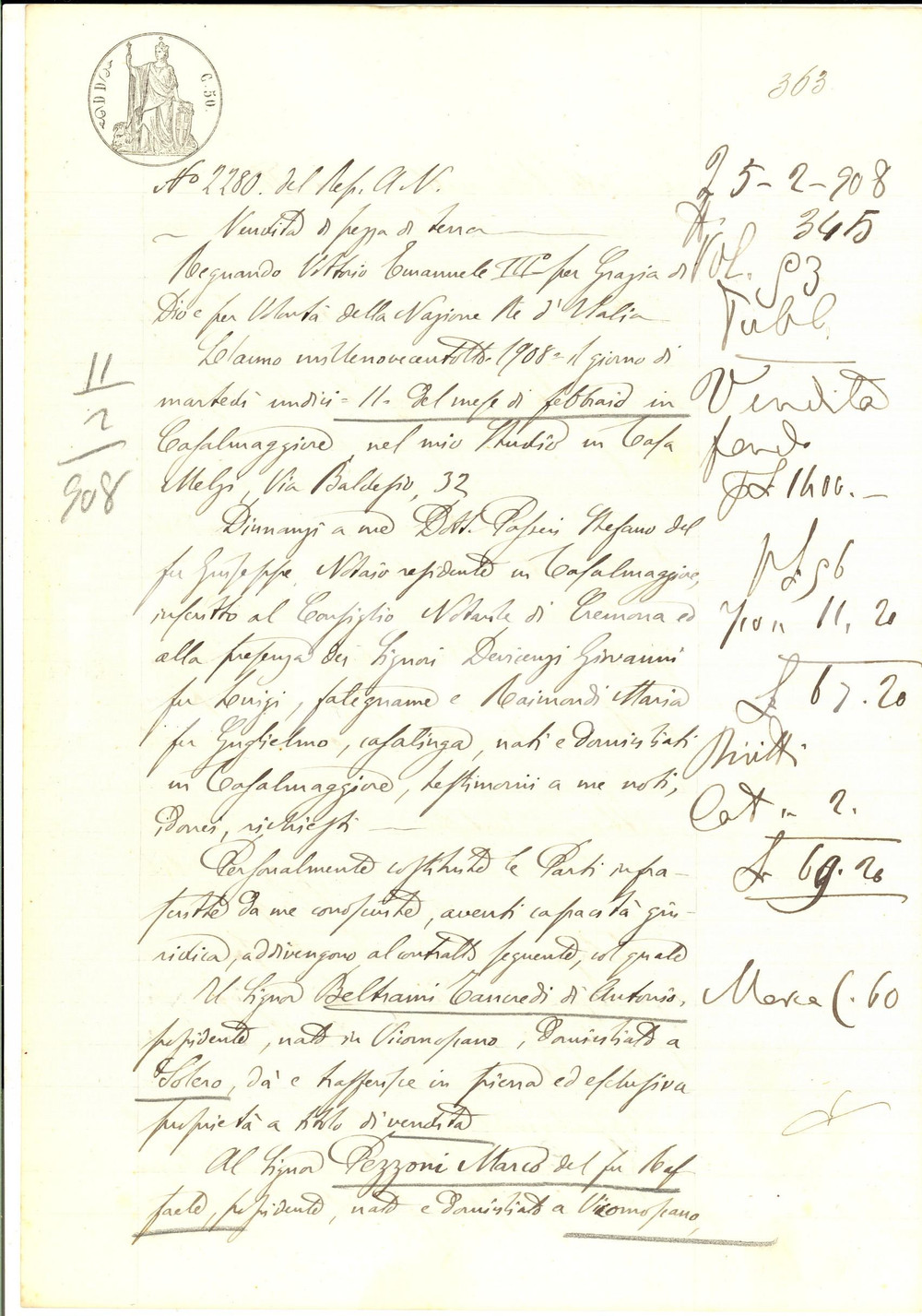 Documento originale, autentico 1908 VICOMOSCANO CR Tancredi BELTRAMI vende  CAMPO NUOVO a Marco PEZZONI 1