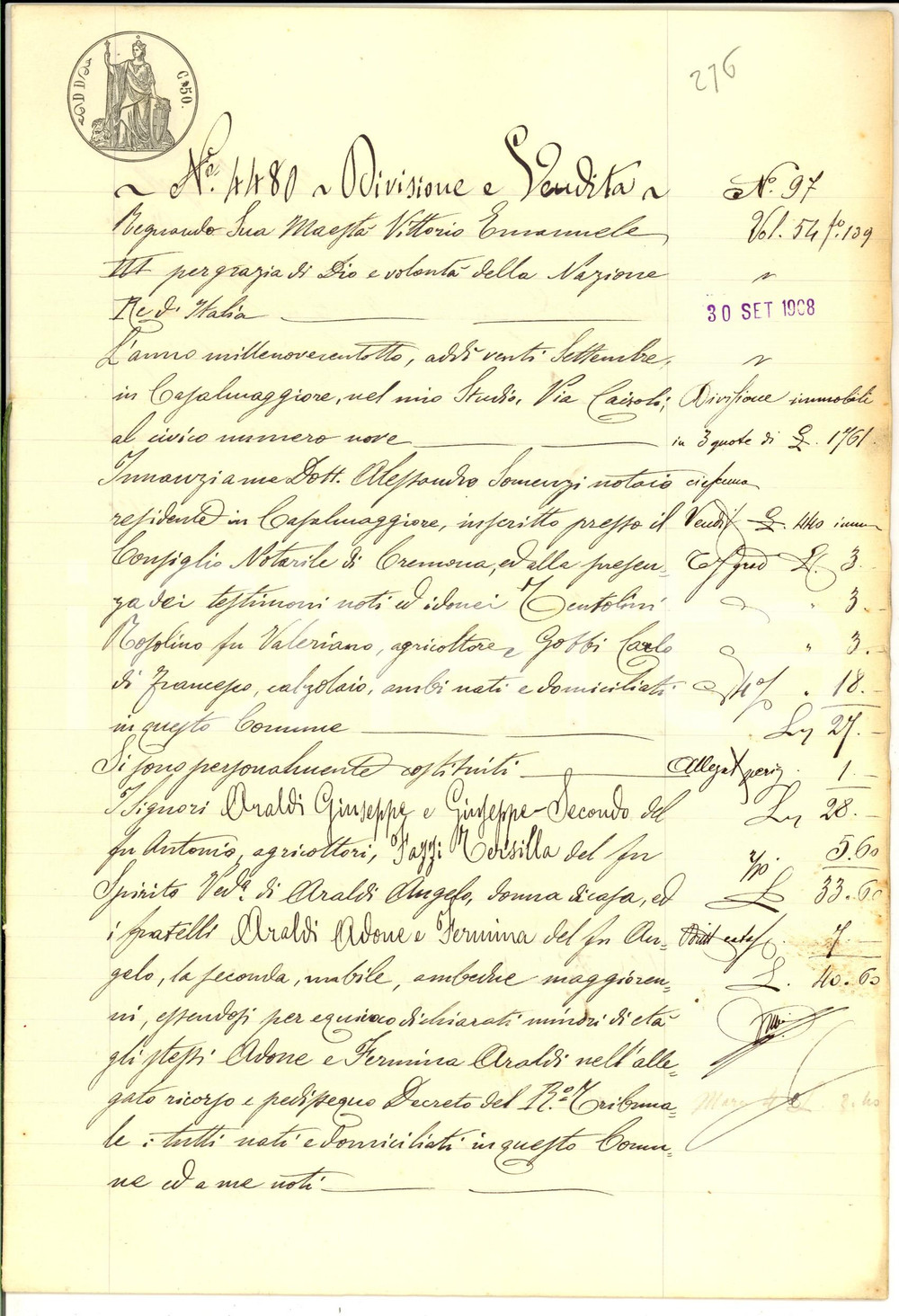 Documento originale, autentico 1908 CASALMAGGIORE Fratelli ARALDI dividono e vendono campo VOLTA Manoscritto 1
