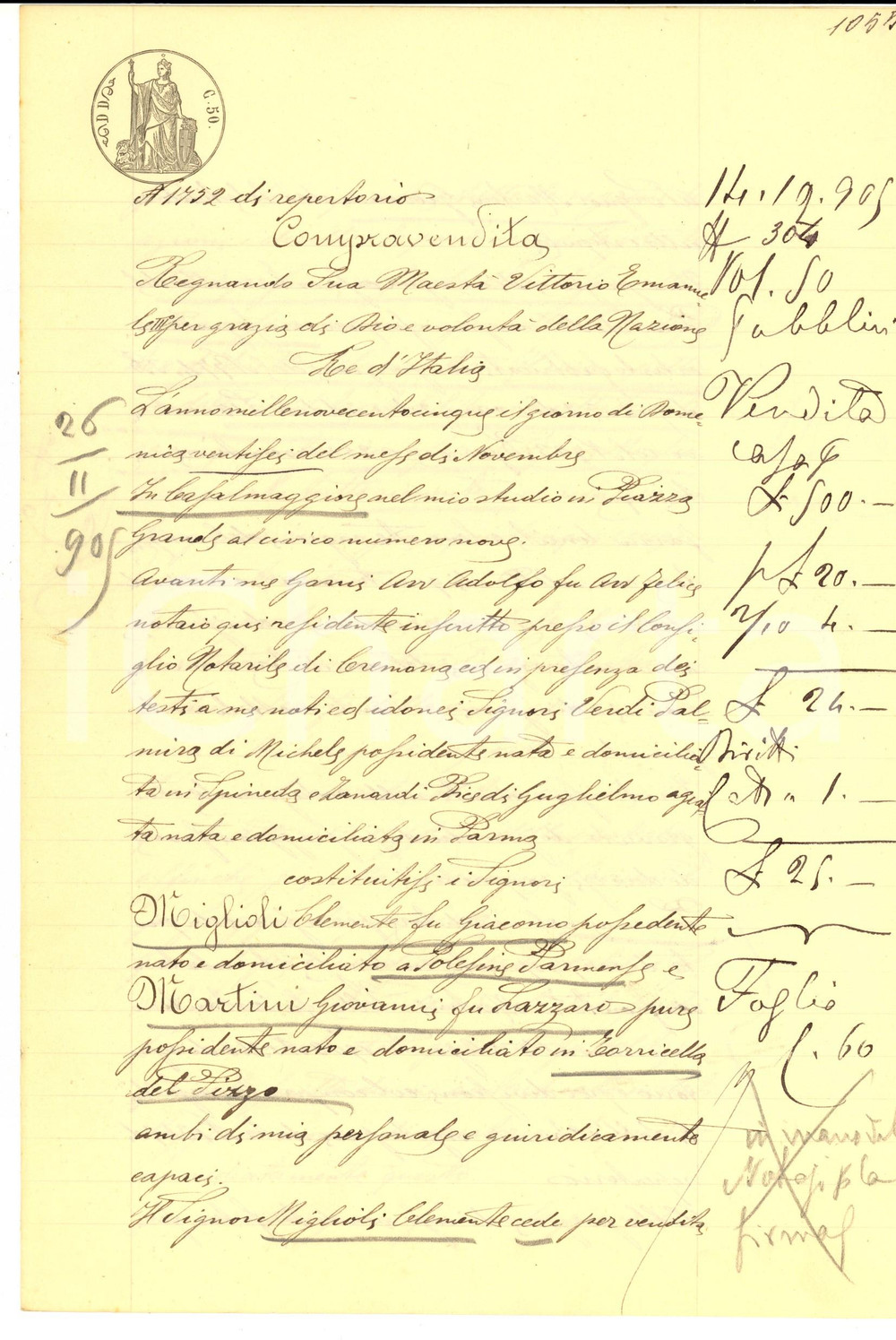 Documento originale, autentico 1905 TORRICELLA DEL PIZZO Clemente MIGLIOLI vende casa a Giovanni MARTINI 1