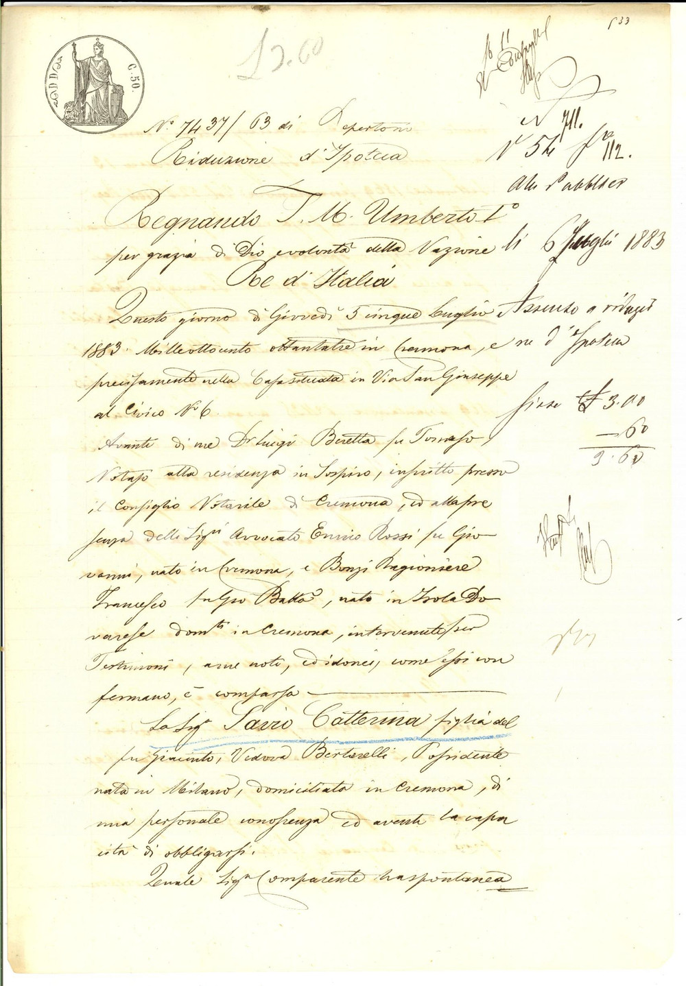 Documento originale, autentico 1883 CREMONA Assenso a riduzione garanzia Caterina SAVIO in morte del marito 1