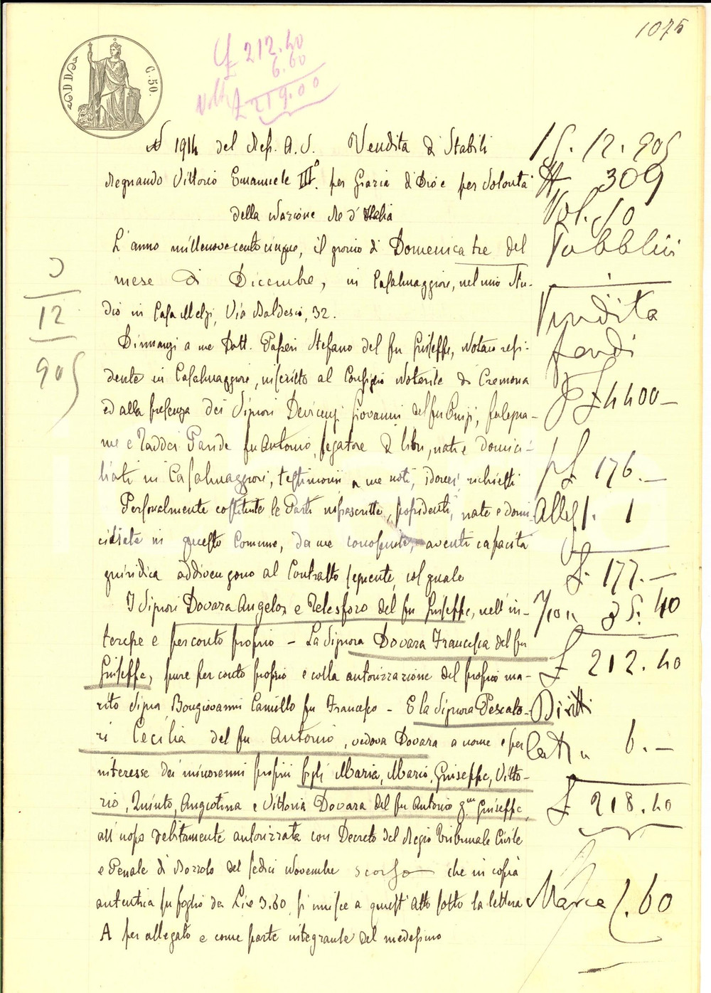 Documento originale, autentico 1905 RONCADELLO CR Famiglia DOVARA  vende campo GAZZOLI ai fratelli BINI 1