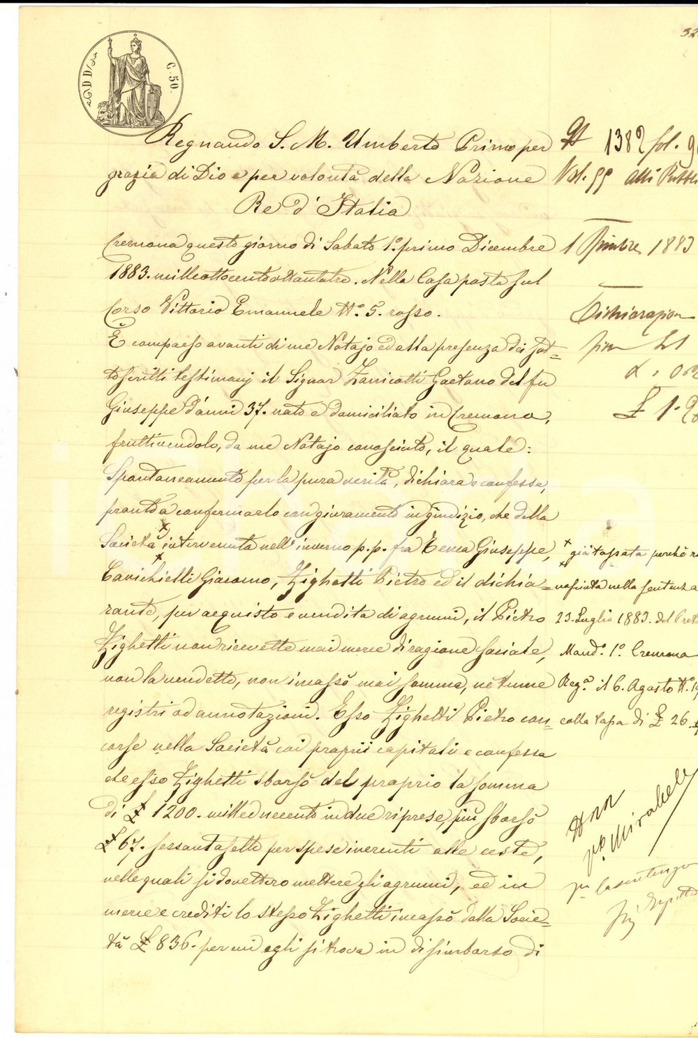 Documento originale, autentico 1883 CREMONA Dichiarazione Gaetano ZANICOTTI su merce società per vendita agrumi 1