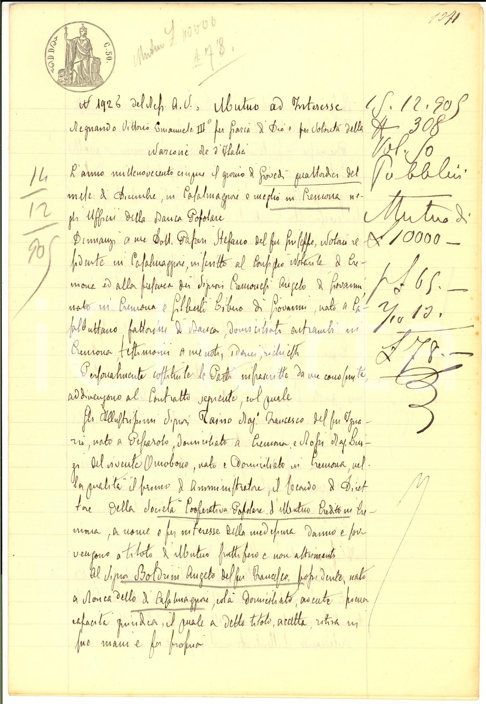 Documento originale, autentico 1905 CREMONA Prestito SocietÃ  Popolare Mutuo Credito ad Angelo BOLDRINI 1