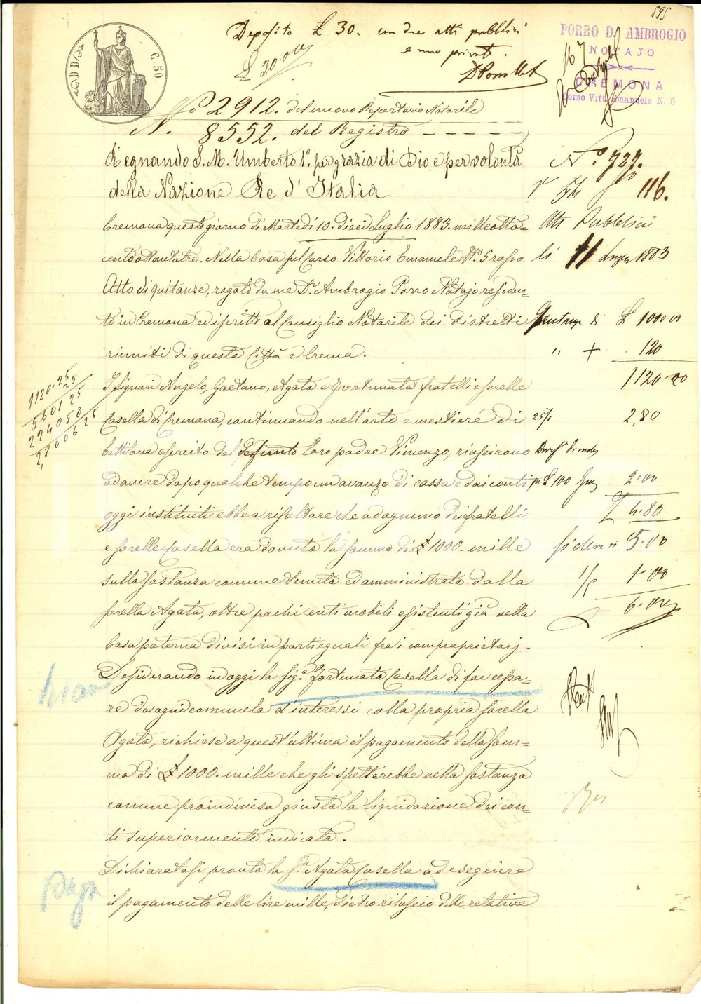 Documento originale, autentico 1883 CREMONA Quietanza di Fortunata CASELLA alla sorella Agata per saldo ereditÃ  1