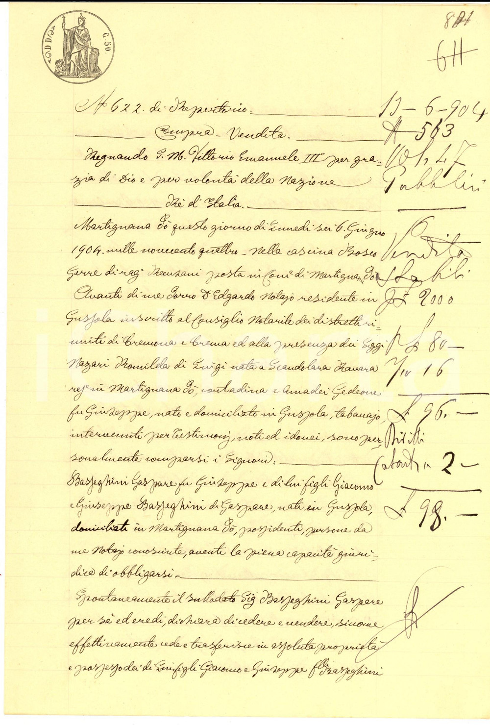 Documento originale, autentico 1908 GUSSOLA CR Gaspare BASSEGHINI vende campo STRADELLE ai figli 1