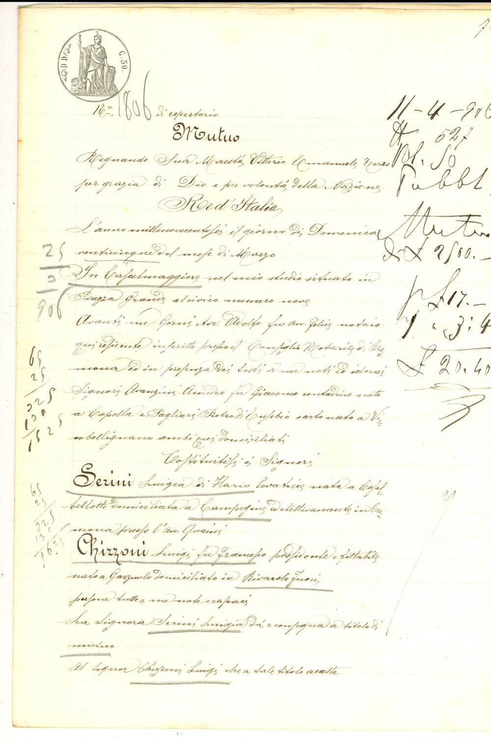 Documento originale, autentico 1906 CAMPEGINE RE Prestito di Luigia SERINI a Luigi CHIZZONI Manoscritto 1