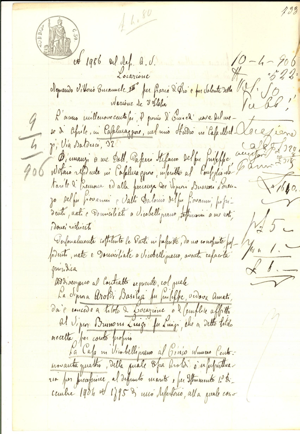 1906 VICOBELLIGNANO (CR) Contratto locazione tra Basilia AROLDI e Luigi BRUNONI Atto notarile d'epoca.CONDIZIONI: G    originale e autentica 1
