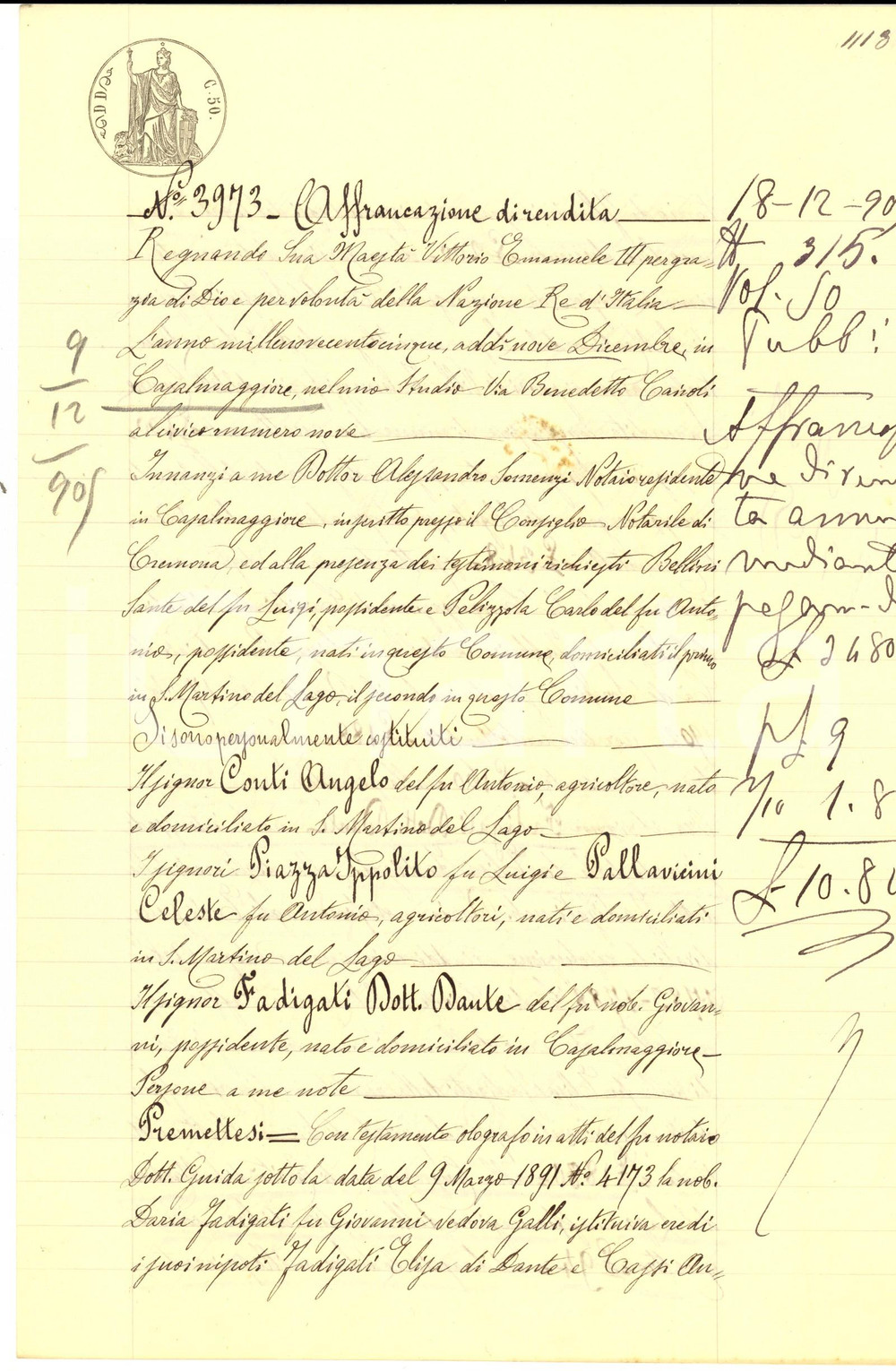 1904 SAN MARTINO DEL LAGO Affrancazione rendita FADIGATI vs Congregazione Carità