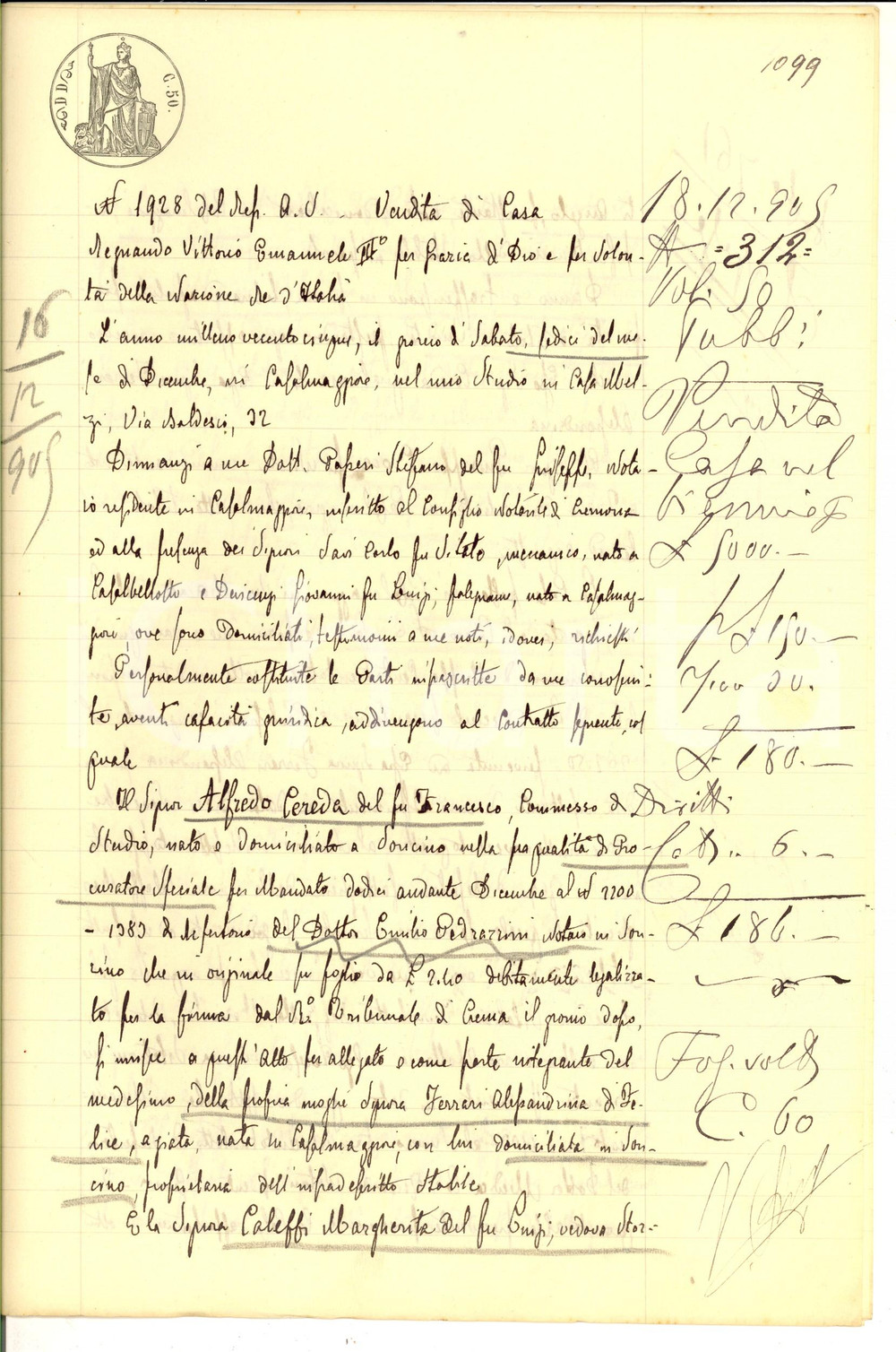 Documento originale, autentico 1905 CASALMAGGIORE CR Alessandrina FERRARI vende casa a Giuseppe CROCE 1