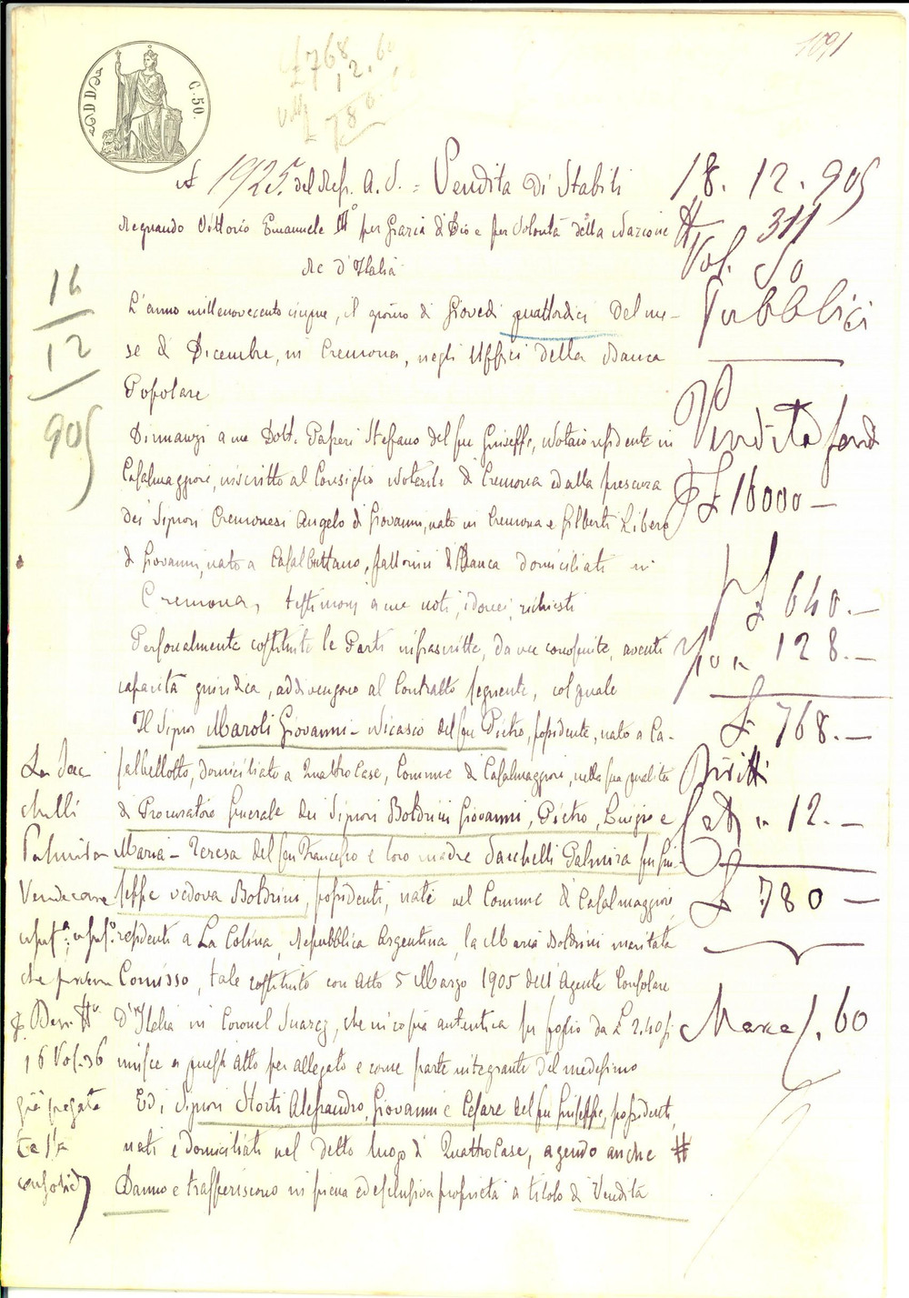 Documento originale, autentico 1905 RONCADELLO CR Famiglia STORTI vende campo CASALETTO ad Angelo BOLDRINI 1