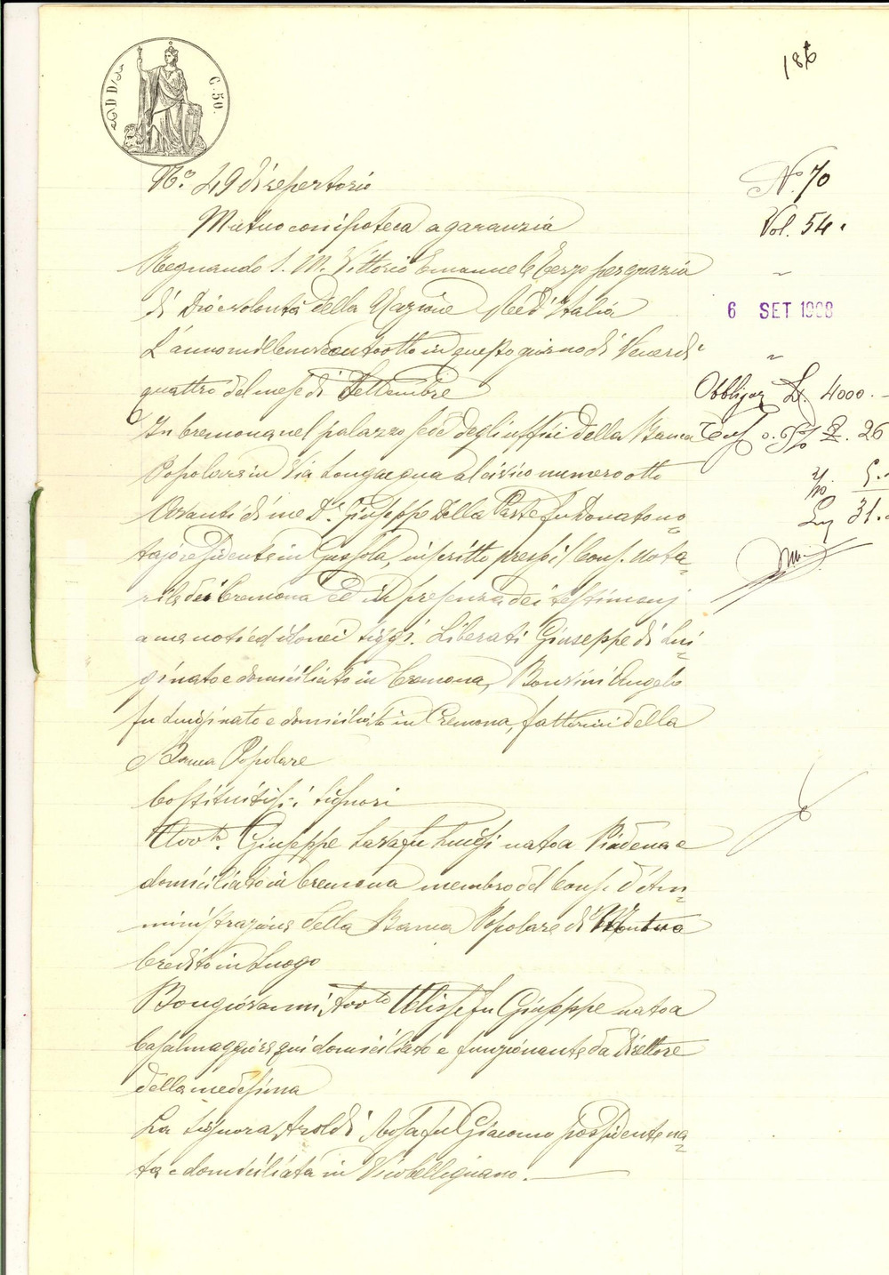 Documento originale, autentico 1908 CREMONA Prestito della SocietÃ  Popolare Mutuo Credito a Rosa AROLDI 1