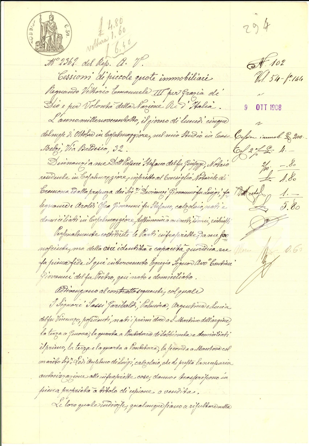 Documento originale, autentico 1908 PONTETERRA Cessione di due piccoli campi dell ereditÃ  di Giovanni SASSI 1