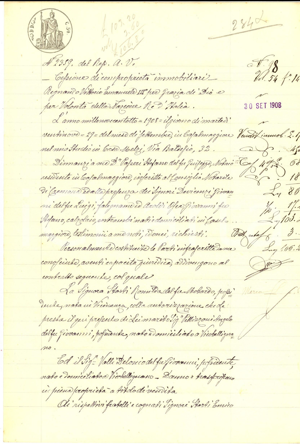 Documento originale, autentico 1908 AGOIOLO CR Cessione fondi rurali di Romilda STORTI e Delonio VALLI 1