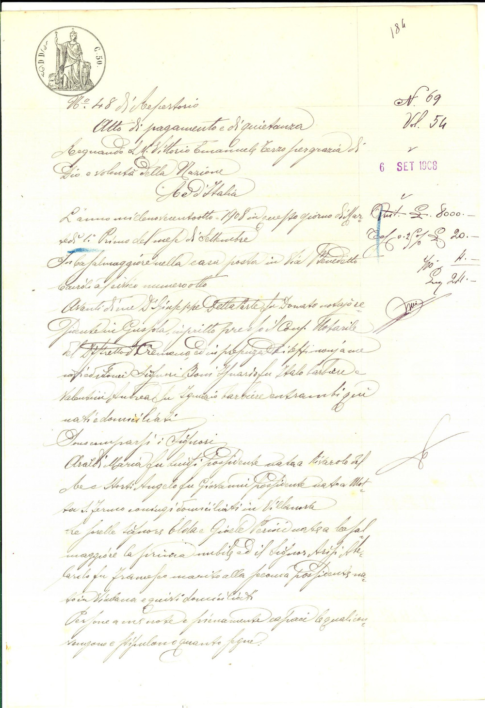 Documento originale, autentico 1908 VIADANA Saldo di Maria ARALDI ai fratelli Elda e Gioele PERINI Manoscritto 1