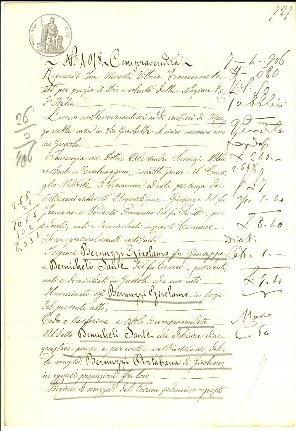 Documento originale, autentico 1906 GUSSOLA CR Girolamo BERNUZZI vende porzione di terreno a Sante DEMICHELI 1