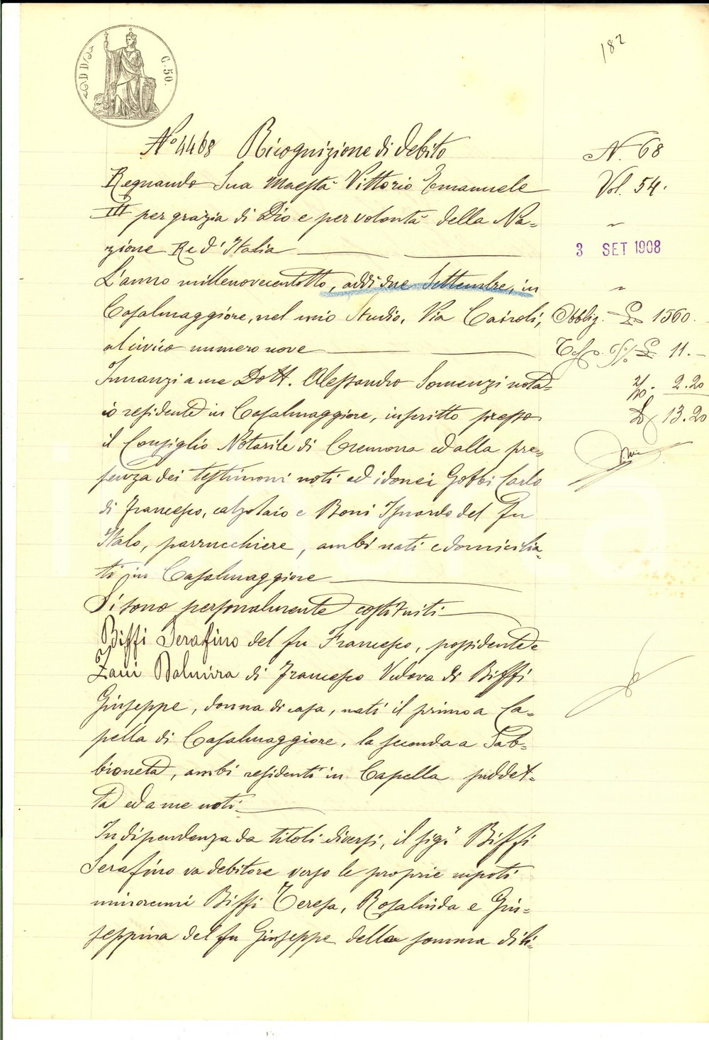 Documento originale, autentico 1908 CAPELLA CR Ricognizione di debito per Serafino BIFFI Manoscritto 1