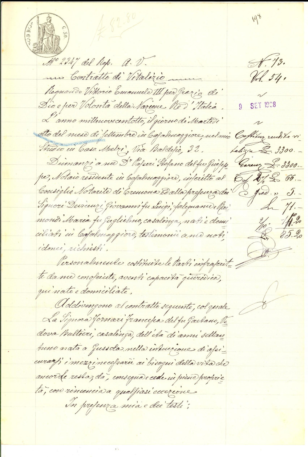 Documento originale, autentico 1908 GUSSOLA Contratto di vitalizio pro mantenimento anziana Francesca FORNARI 1